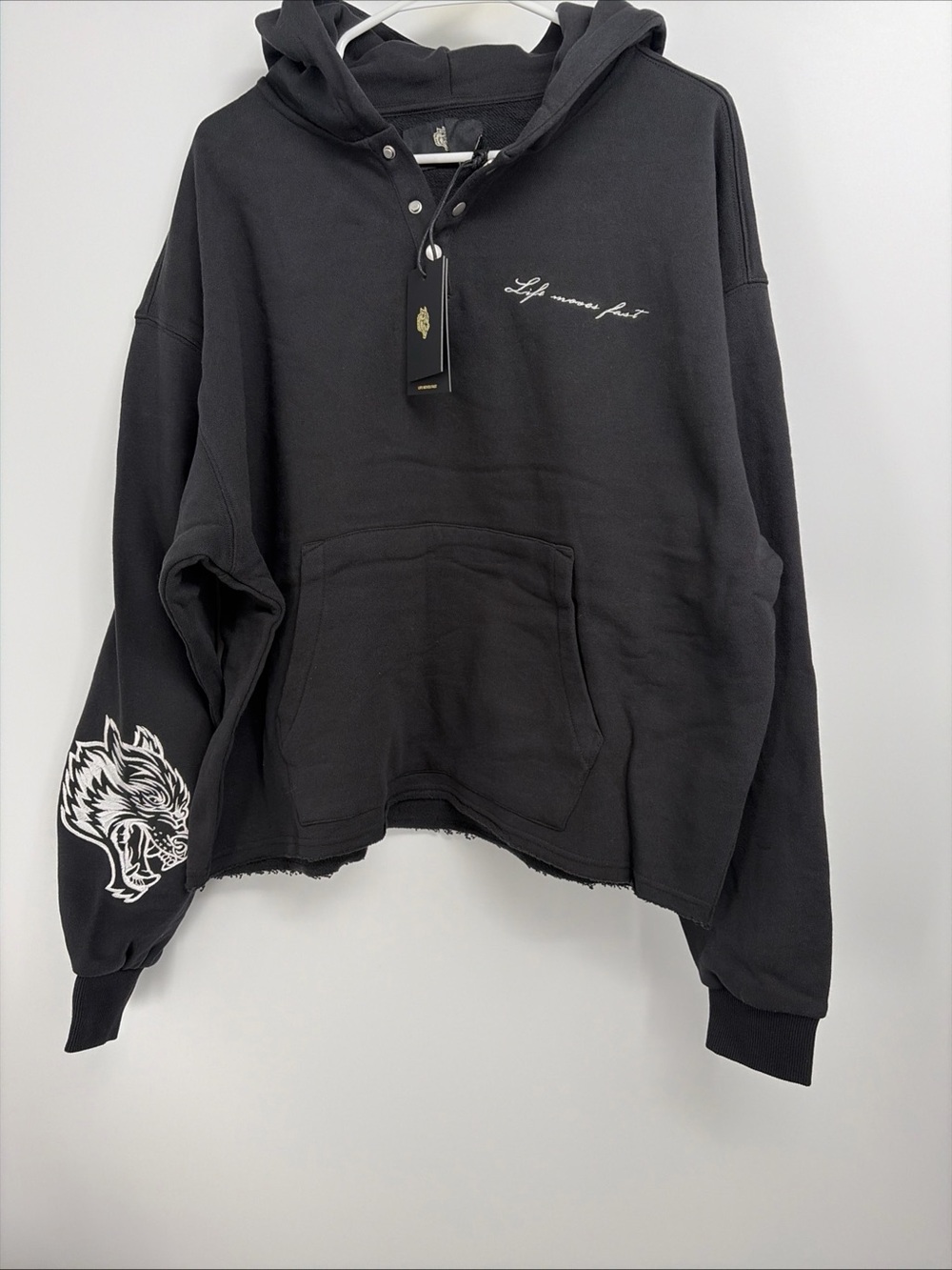 Darc Sport Life Moves Fast Hoodie Men's Embroidered Wolf Patch Size M Limited